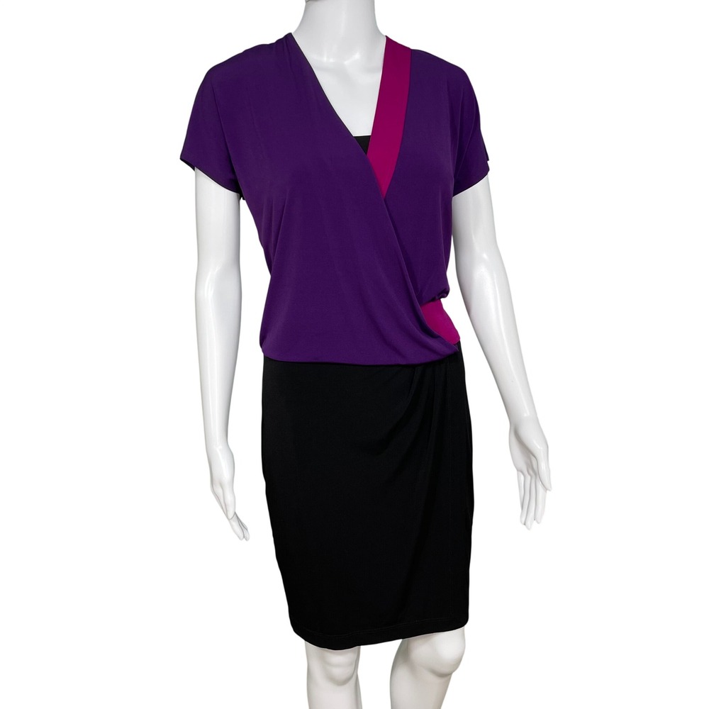 Maggy London Colorblock Wrap Sheath Dress Purple Pink Black office cocktail Sz 6